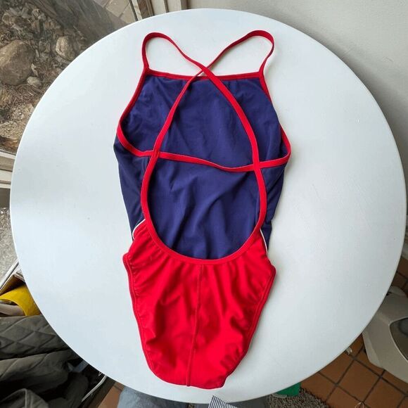 Vintage Y2K Speedo Lifeguard Swimsuit 8/34 Strappy One-Piece 90s Red Navy - Picture 3 of 13